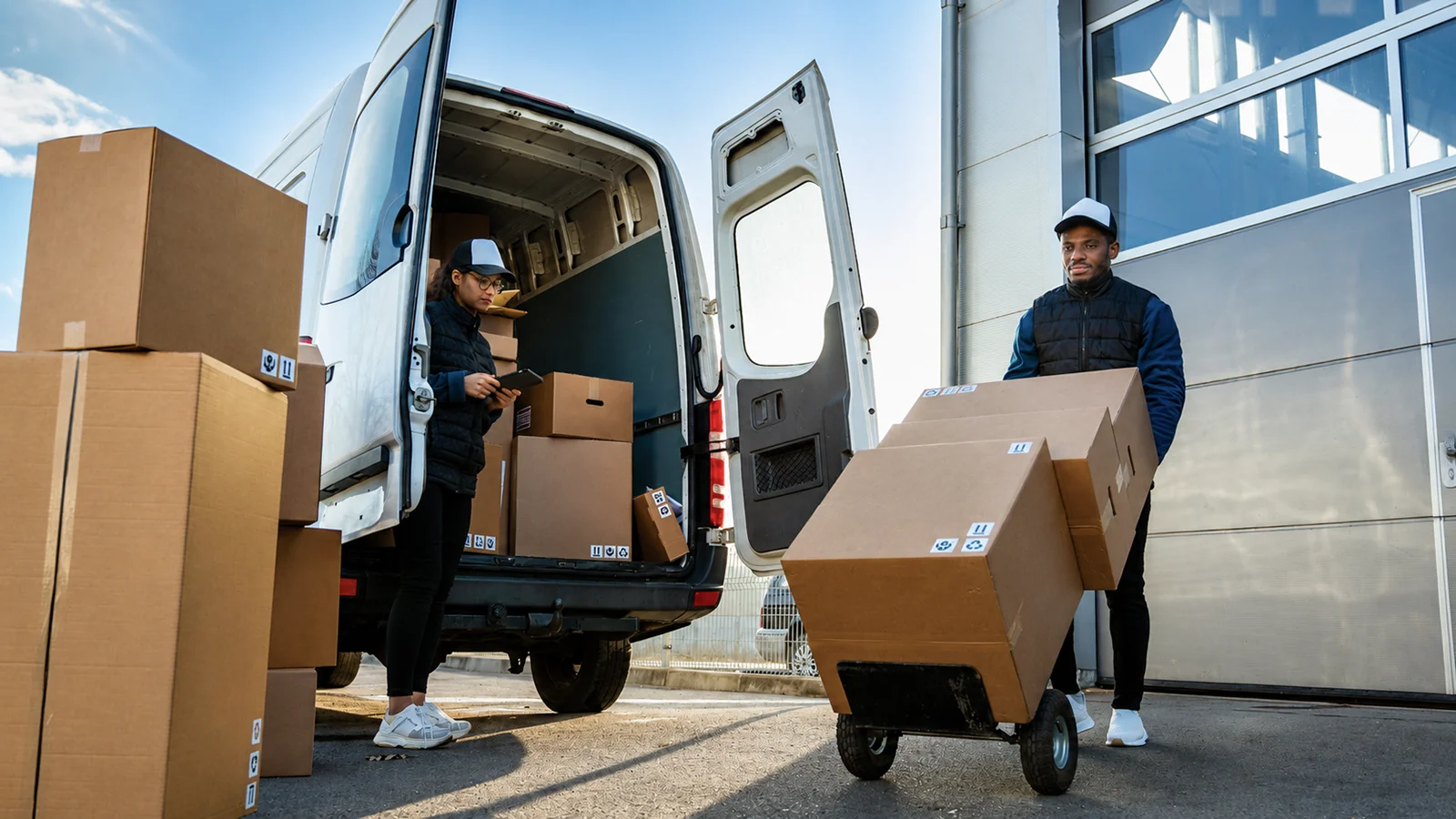 Entregador retirando caixas do veículo para uma entrega