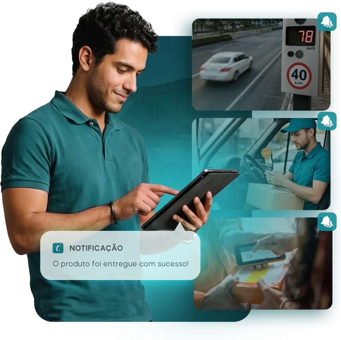 Motorista preenchendo checklist de entrega no tablet, com alertas automáticos da frota