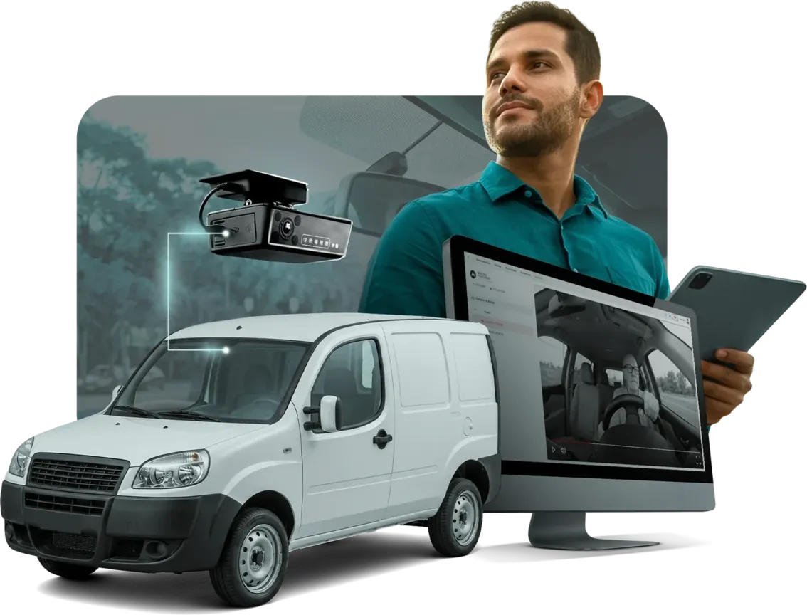 Plataforma RotaExata em uso: câmera veicular, monitor com painel de rastreamento e gestor acompanhando a frota