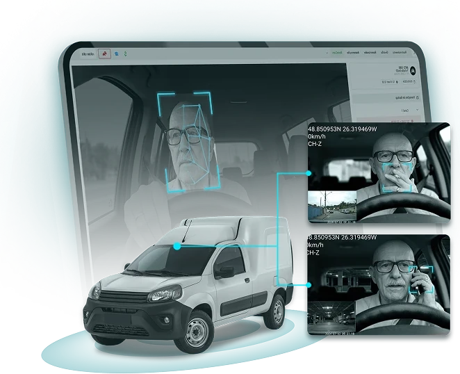 Van com sistema RotaCam identificando o motorista por reconhecimento facial e exibindo eventos de direção no painel