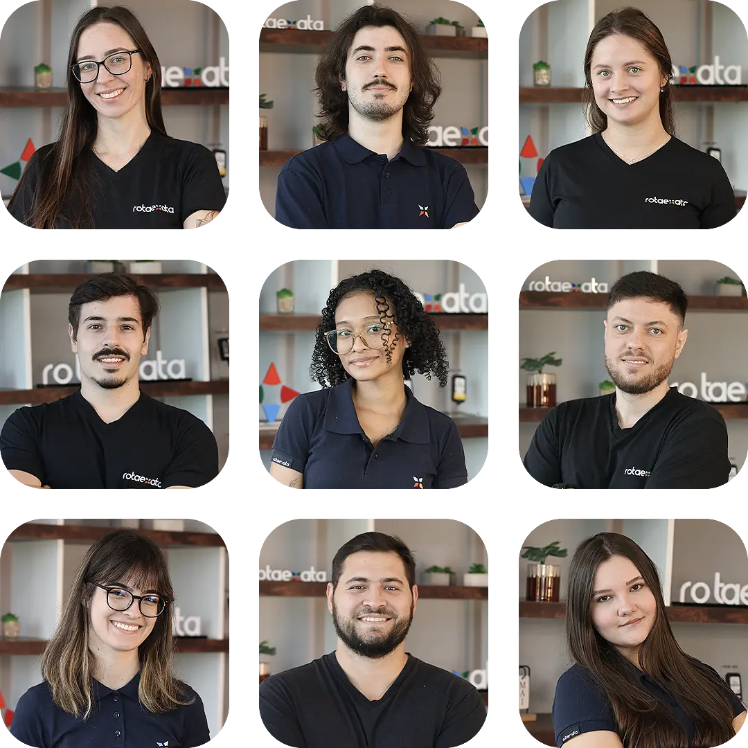 Mosaico com fotos da equipe RotaExata em seu ambiente de trabalho