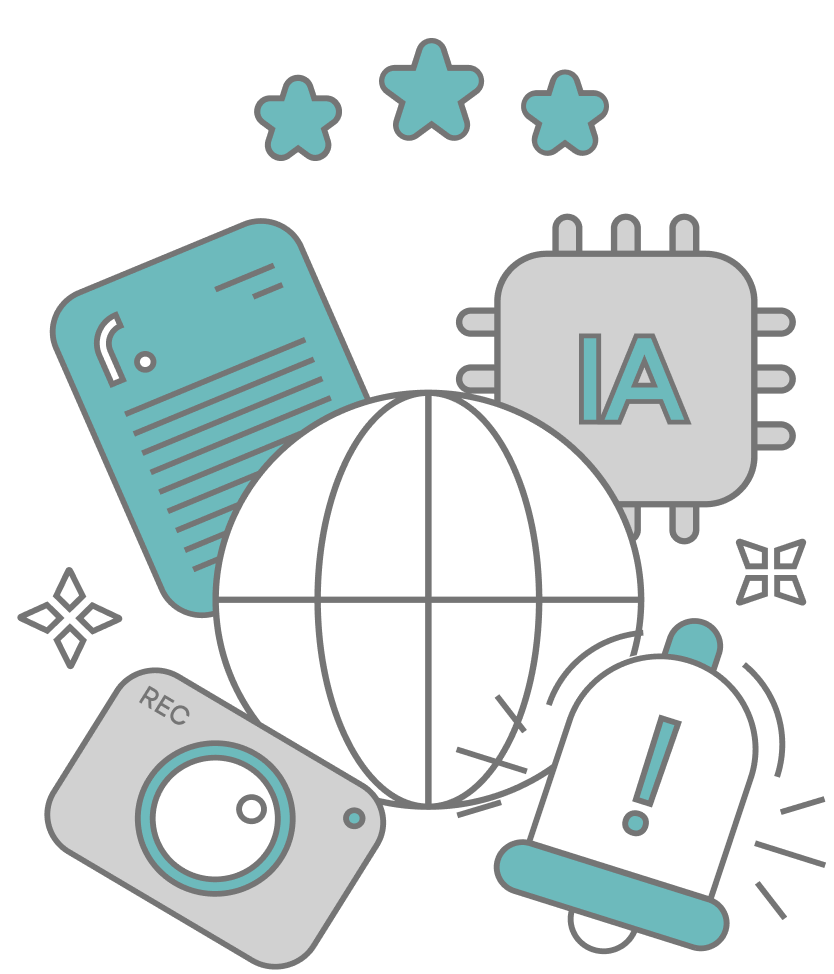 Ilustração representando inteligência artificial, câmeras, alertas e documentos de conformidade do RotaCam