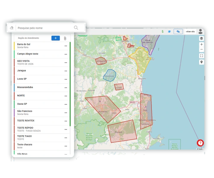 Mapa interativo com a rota completa e paradas numeradas