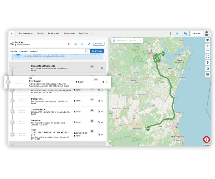 Tela de ajuste manual da sequência de paradas de uma rota