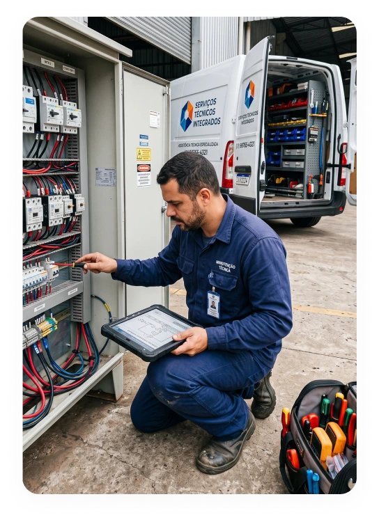 Técnico realizando assistência técnica em painel elétrico