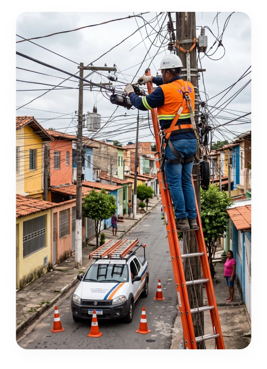 Técnico realizando manutenção externa em rede elétrica