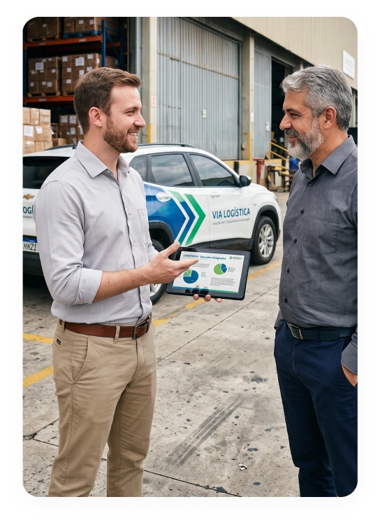 Vendedor externo apresentando produto a cliente